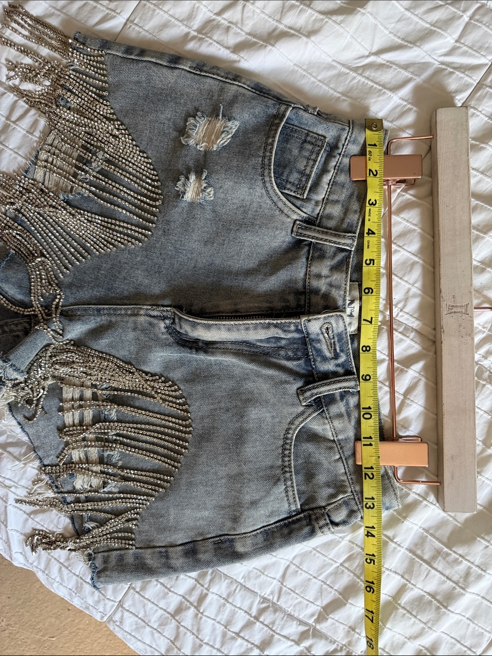 Distressed Denim Fringe Shorts with Rhinestone Chains NWT - Picture 5 of 5